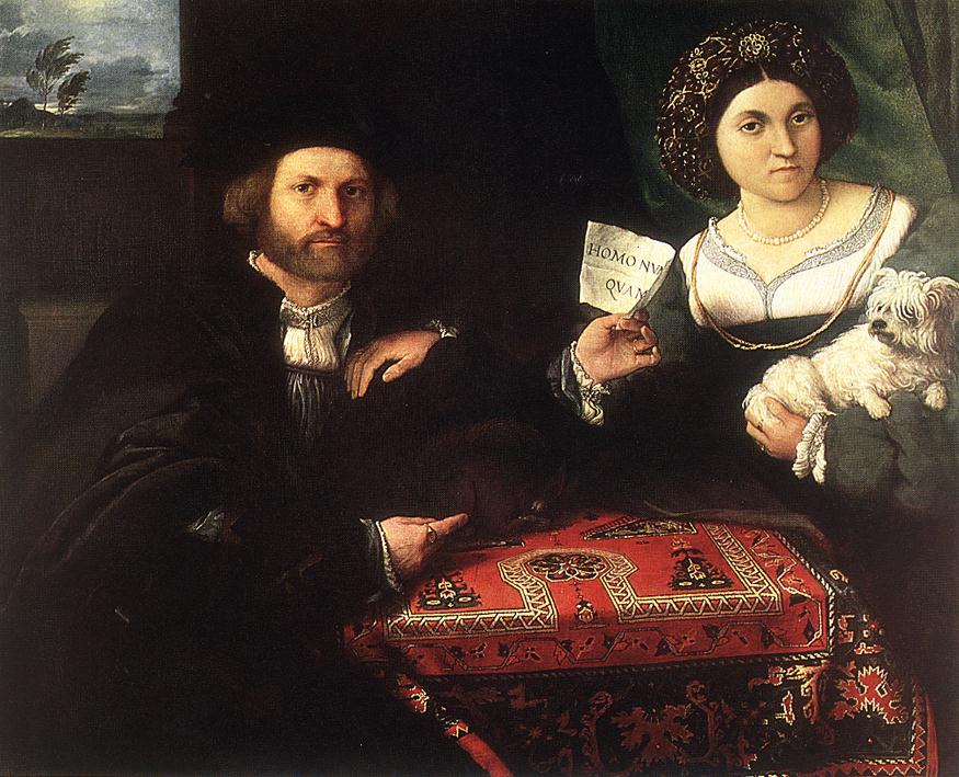 Lorenzo Lotto's Husband and Wife, 1523, with a "Bellini" carpet showing the keyhole re-entrant motif, late 15th to early 16th century.