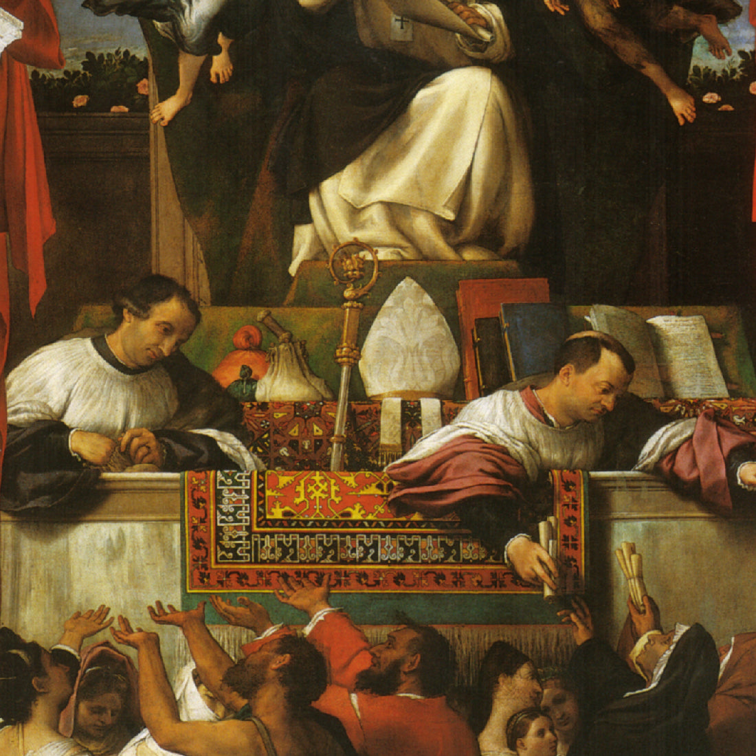 The Alms of St. Anthony by Lorenzo Lotto, 1542, with two magnificent Oriental carpets, the one in the foreground the type for the Lotto carpet, the other a "para-Mamluk"